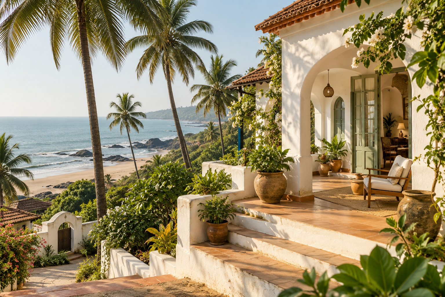 A sunlit coastal home with palms and a glimpse of the sea