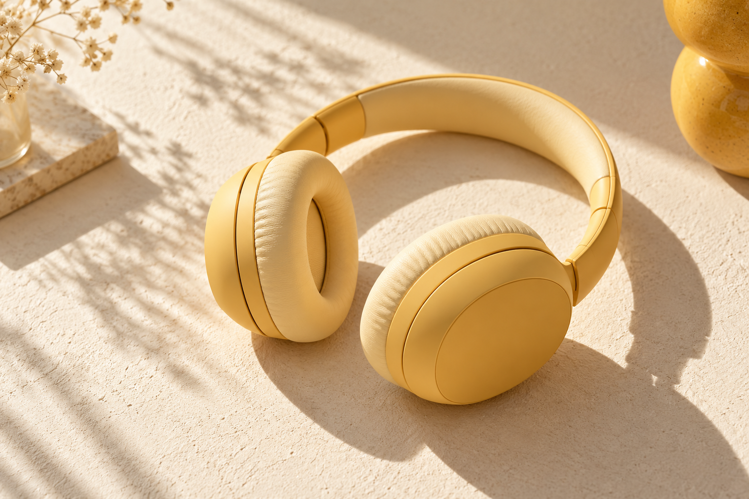 Warm yellow headphones in natural sunlight